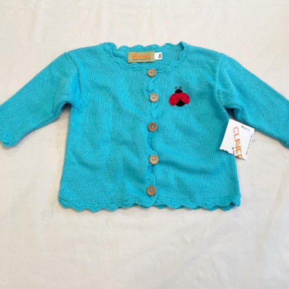 Claver Baby Girl Blue 6 m Cardigan Cotton Knit sweater w Embroidered Ladybug-NWT - Picture 6 of 6